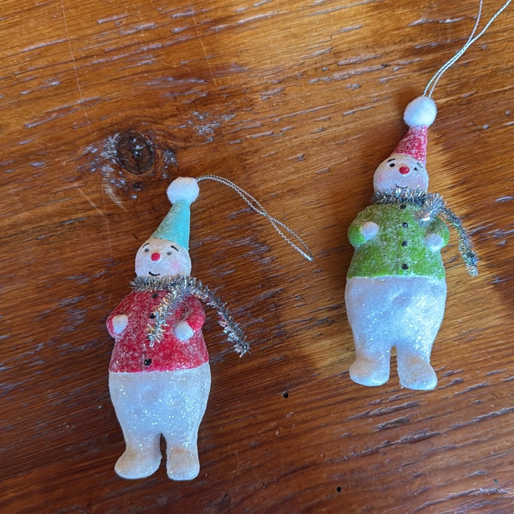🎄 NWOT Set of 2 Retro Glitter Snowman w/Tinsel Scarves by Regency International